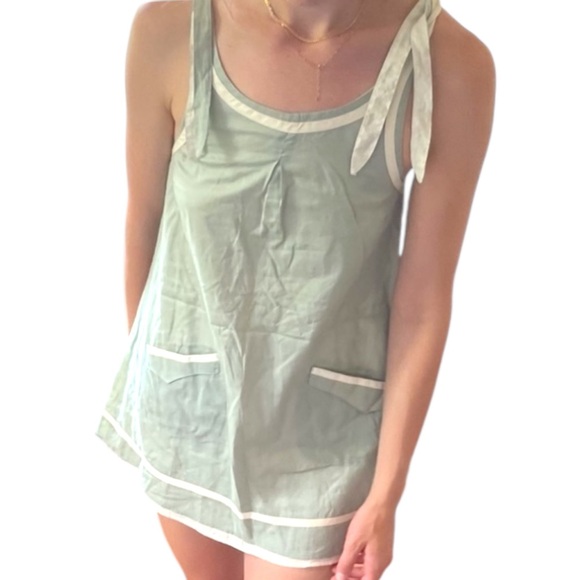 Y2K Rag & Bone Green Cream Linen Sleeveless Babydoll Mini Dress / Tunic • 2 / XS - Picture 12 of 15